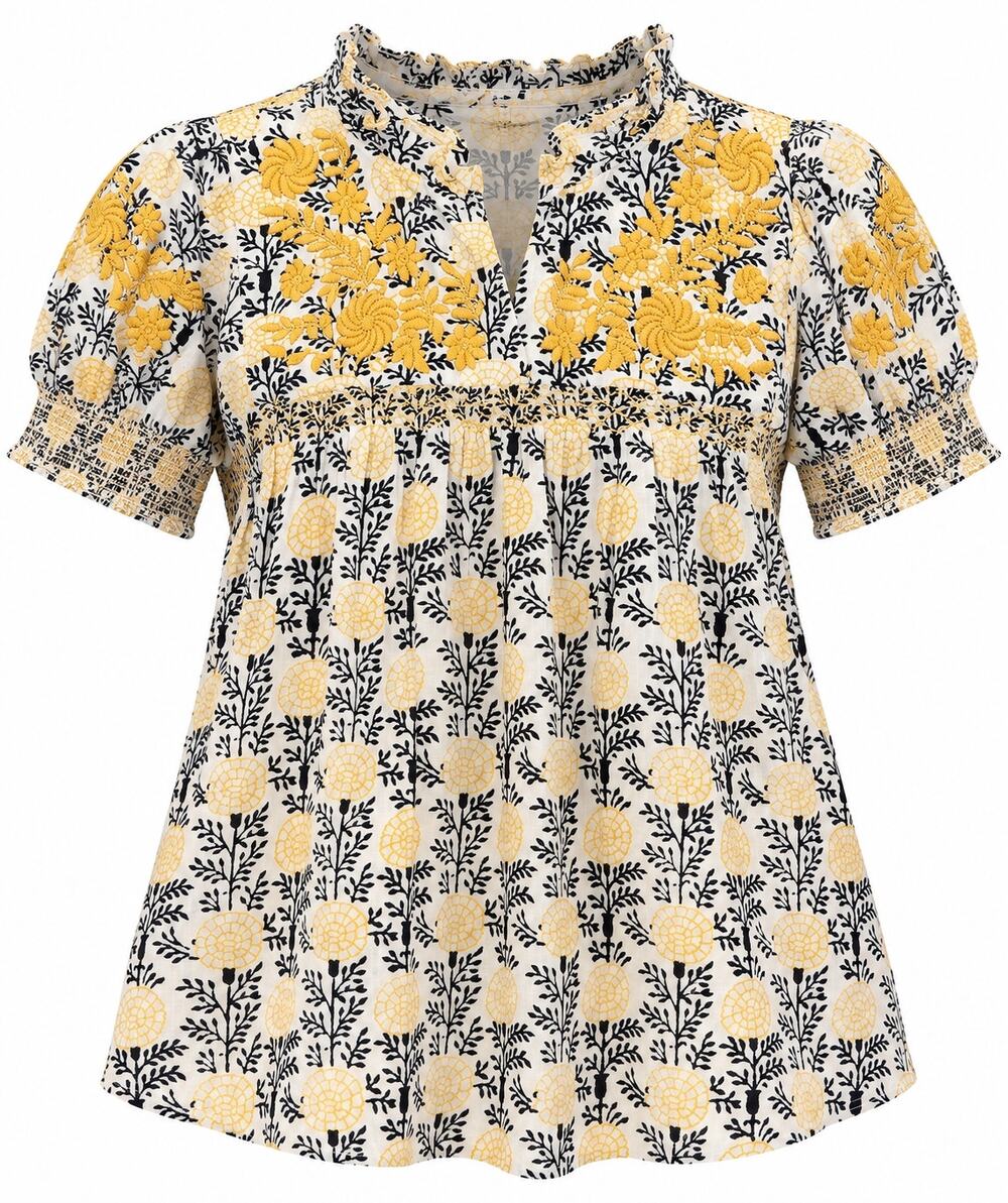 Sister Mary Embroidered Floral Boho Folk Cottage Cotton Blouse Size Small Yellow